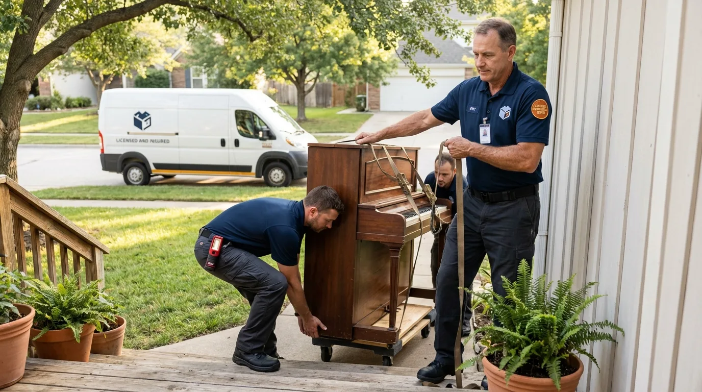 Licensed piano movers securing grand piano in West Jordan, UT