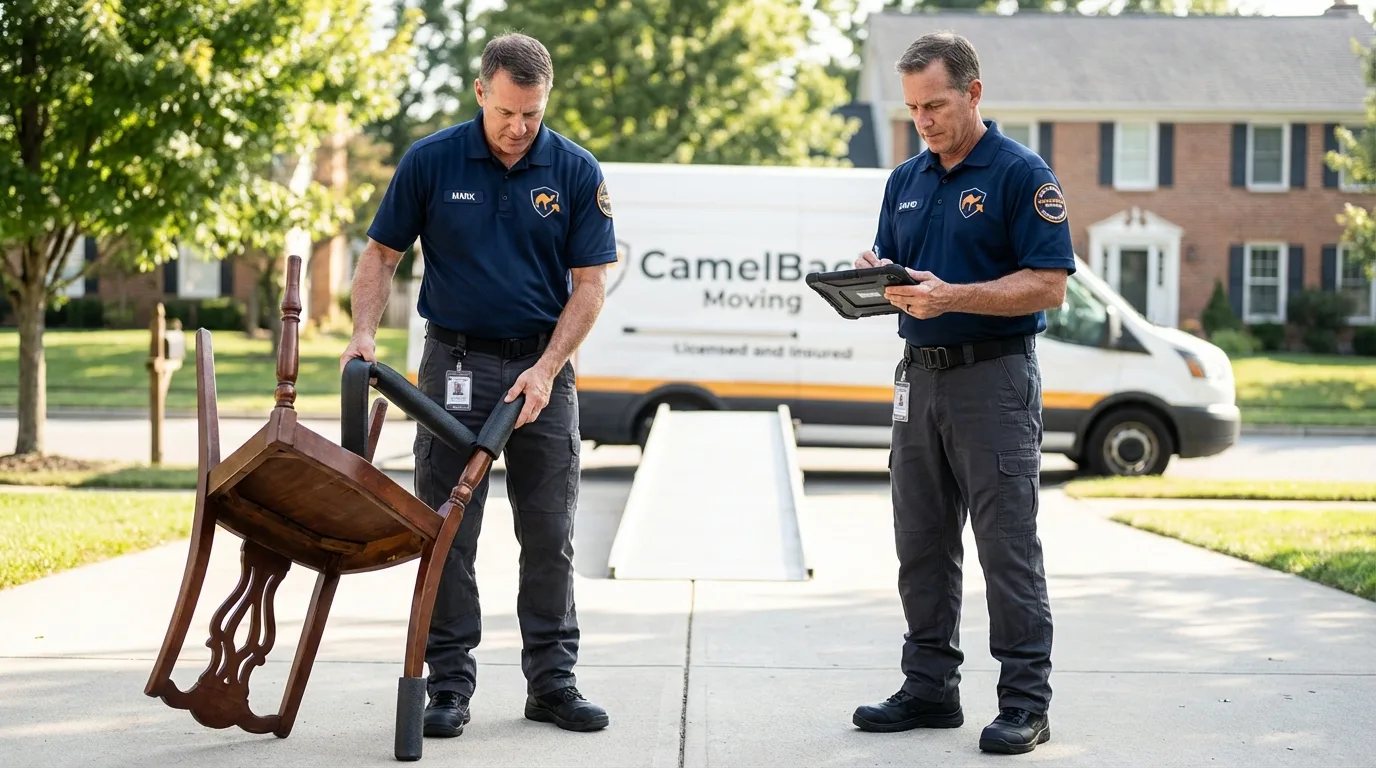 Movers inspecting furniture for damage prevention before loading in West Jordan, UT
