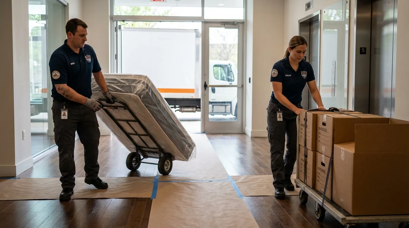 Professional apartment movers loading elevator in West Jordan, UT