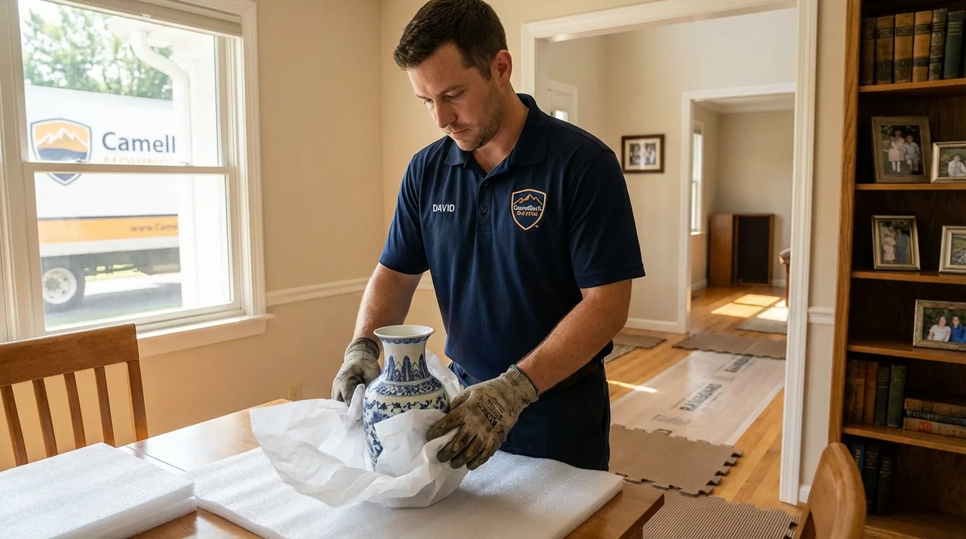 Professional crew carefully wrapping antique vase for senior downsizing move in West Jordan, UT